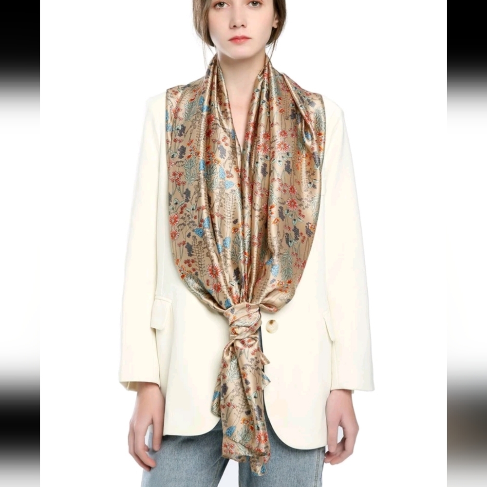 Floral print khaki shimmer neck and head scarf